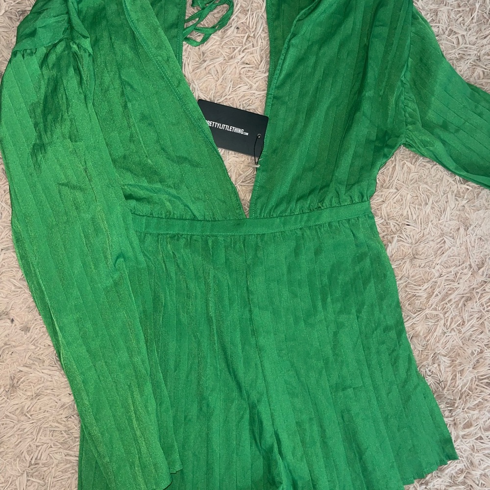 Green Long Sleeve Low Cut Romper